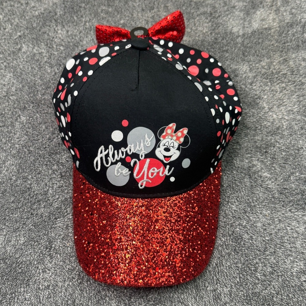 Disney Parks Minnie Mouse Red Glitter Bow Polka Dot Hat Youth Always Be You